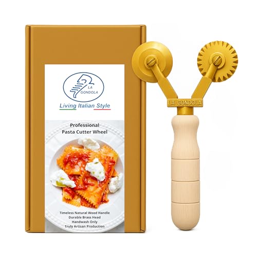 La Gondola Homemade Pasta Cutter - Double Wheel (Festooned & Smooth) | Pasta Making Tool for Home and Business | Brass & Natural Wood | Easy to Use Pasta Cutting Tool | Ravioli Cutter Made in Italy