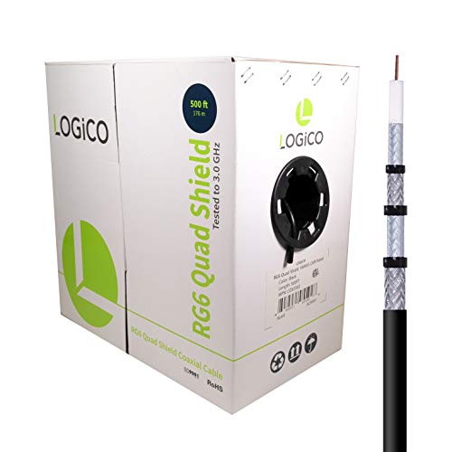 LOGICO RG6 Quad Shield 18 AWG Satellite TV Black 500' Feet ft Coaxial Coax Cable Wire