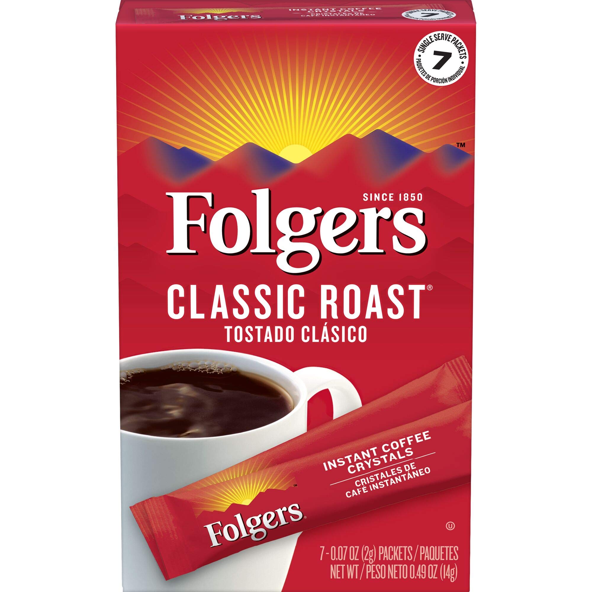 Book Cover Folgers Classic Roast Instant Coffee Crystals, 7 Single Serve Packets (Pack of 12)