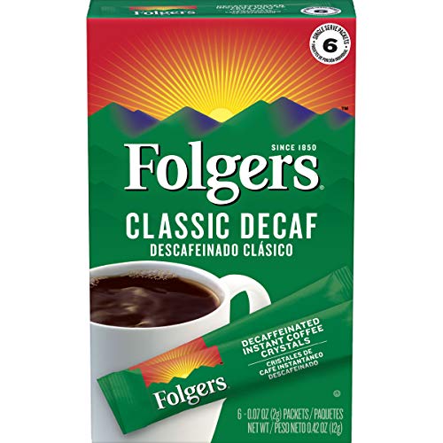 Book Cover Folgers Classic Decaf Decaffeinated Instant Coffee Crystals, 6 Single Serve Packets (Pack of 12)