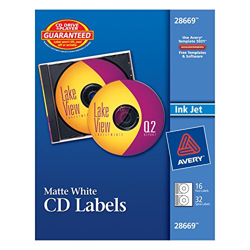 Book Cover Avery Matte White CD Labels for Inkjet Printers, 16 Face Labels and 32 Spine Labels (28669)