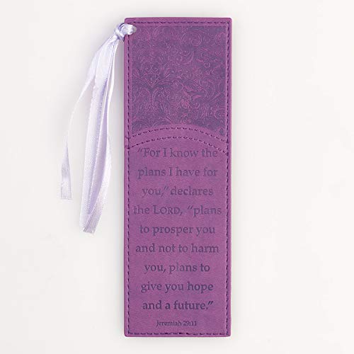Book Cover Christian Art Gifts Purple Faux Leather Bookmark | For I Know The Plans - Jeremiah 29:11 Bible Verse Inspirational Bookmark for Women w/Satin Ribbon Tassel