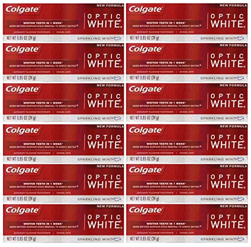 Book Cover Colgate Optic White Teeth Whitening Toothpaste, Sparkling White, Sparkling Mint, Travel Size 0.85 Ounces - Pack of 12