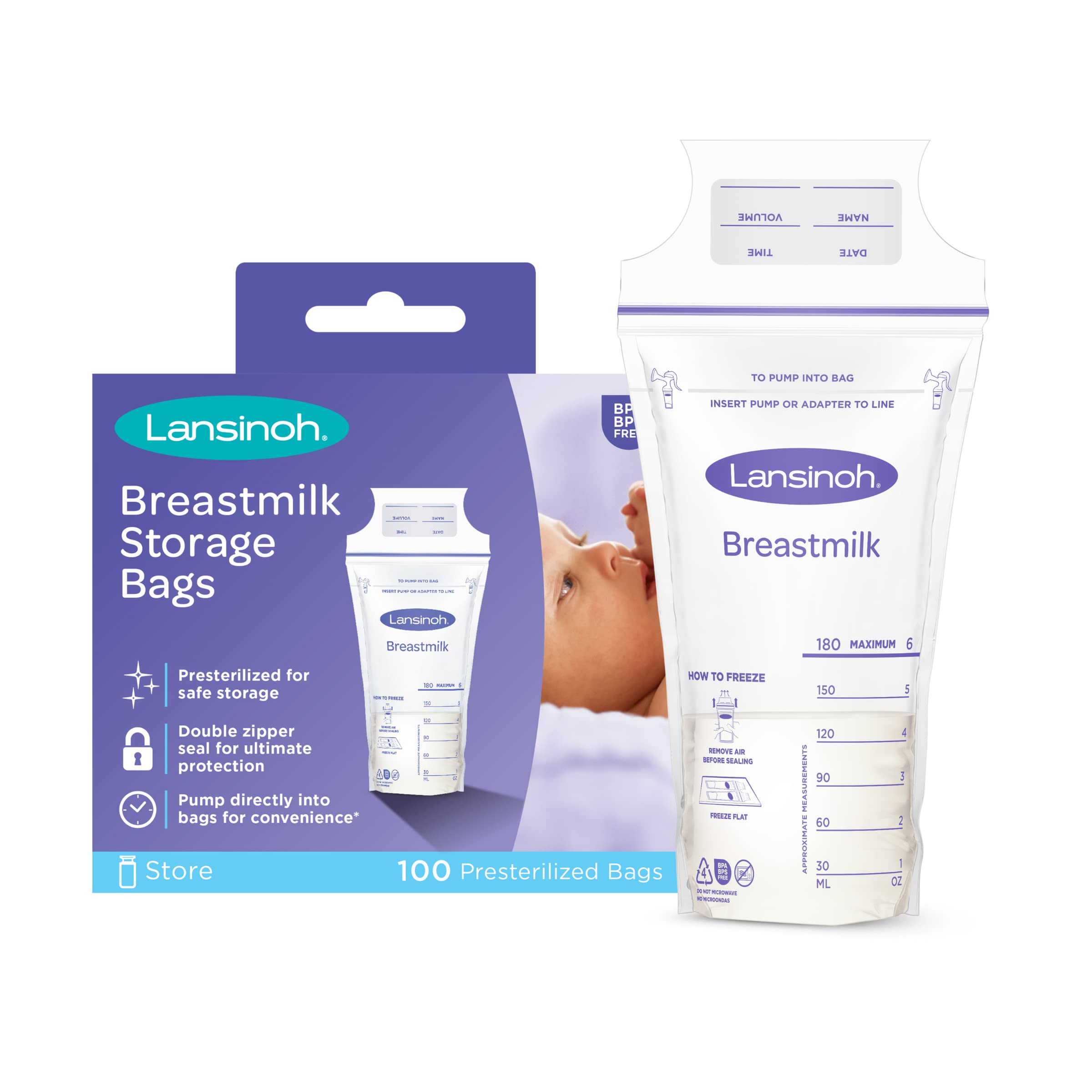 Lansinoh Breastmilk Storage Bags, 100 Count, 6 Ounce, Easy to Use Milk Storage Bags for Breastfeeding, Presterilized, Hygienically Doubled-Sealed, for Refrigeration and Freezing 6 Ounce 100.0