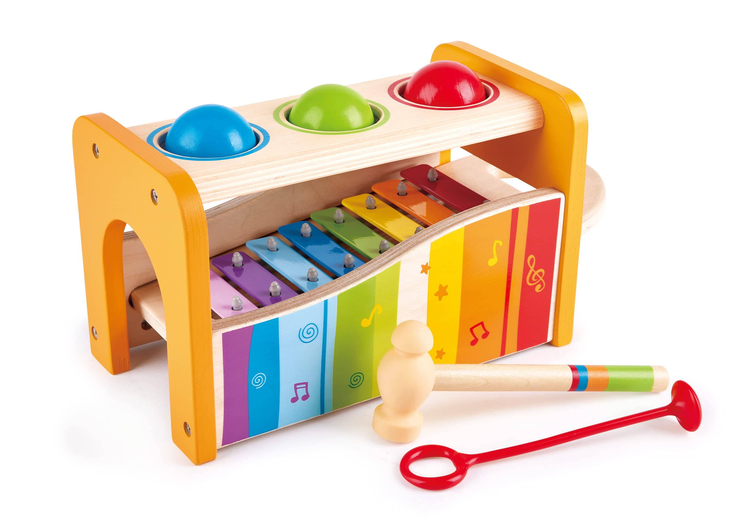 Book Cover Hape Pound & Tap Bench with Slide Out Xylophone - Award Winning Durable Wooden Musical Pounding Toy for Toddlers Yellow Mower