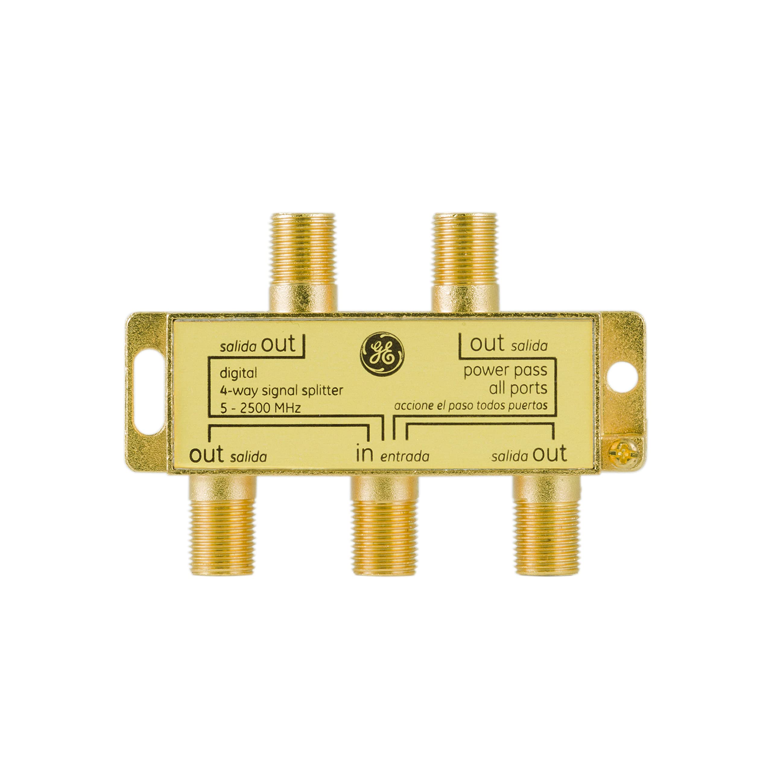 Book Cover GE Digital 4-Way Coaxial Cable Splitter, 2.5 GHz 5-2500 MHz, RG6 Compatible, Works with HD TV, Satellite, High Speed Internet, Amplifier, Antenna, Gold Plated Connectors, Corrosion Resistant, 33527 1 Pack