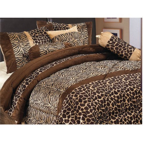Book Cover 7 Piece Safari - Zebra - Giraffe Print Brown Micro Fur Comforter Set, Bed in Bag, Full (Double) Size