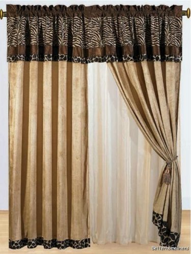 Book Cover 8 Pc Modern Safari - Zebra - Giraffe Print Brown Micro Fur Curtain Set