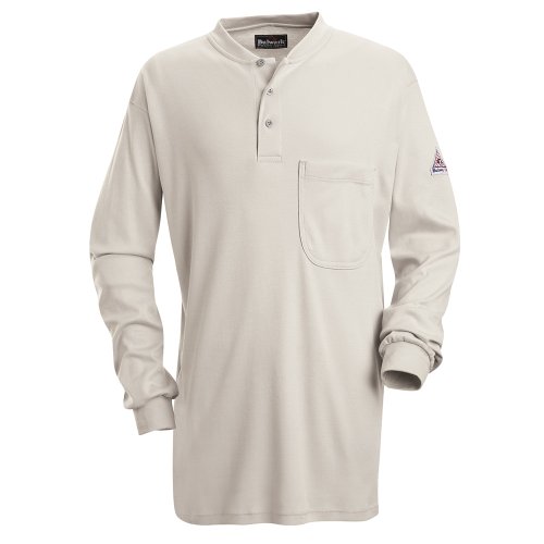 Bulwark Men's Flame Resistant 6.25 oz Cotton Long Sleeve Tagless Henley Shirt, Grey, Large