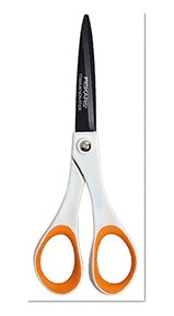 Fiskars Ciseaux antiadhésifs universels, Longueur totale: 18 cm, Pour droitiers et gauchers, Revêtement titane/Lames en acier inoxydable/Poignées en plastique, Blanc/Orange, 1004720