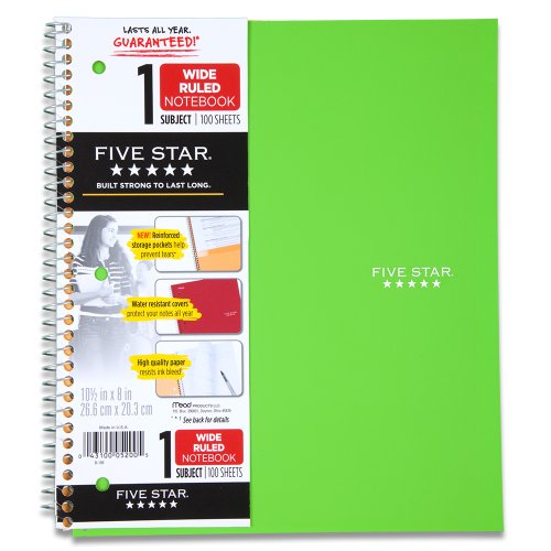 Five Star Spiral Notebook, 1 Subject, Wide Ruled Paper, 100 Sheets, 10-1/2" x 8", Lime (72122)