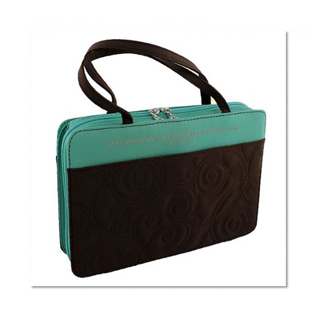 Turquoise/Brown Micro-Fiber Purse-Style Quilt Stitched Bible / Book Cover - 1 Corinthians 13:4, 7 (Large)