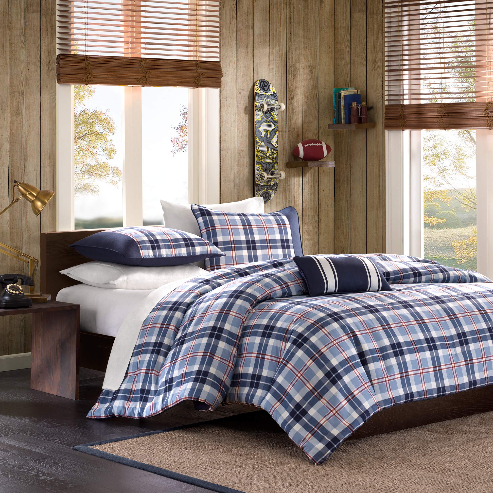 Book Cover Mi Zone Cozy Comforter Set Cabin Lifestyle Plaid Design All Season Bedding Matching Shams, Decorative Pillow, Twin/Twin XL, Elliot Blue 3 Piece