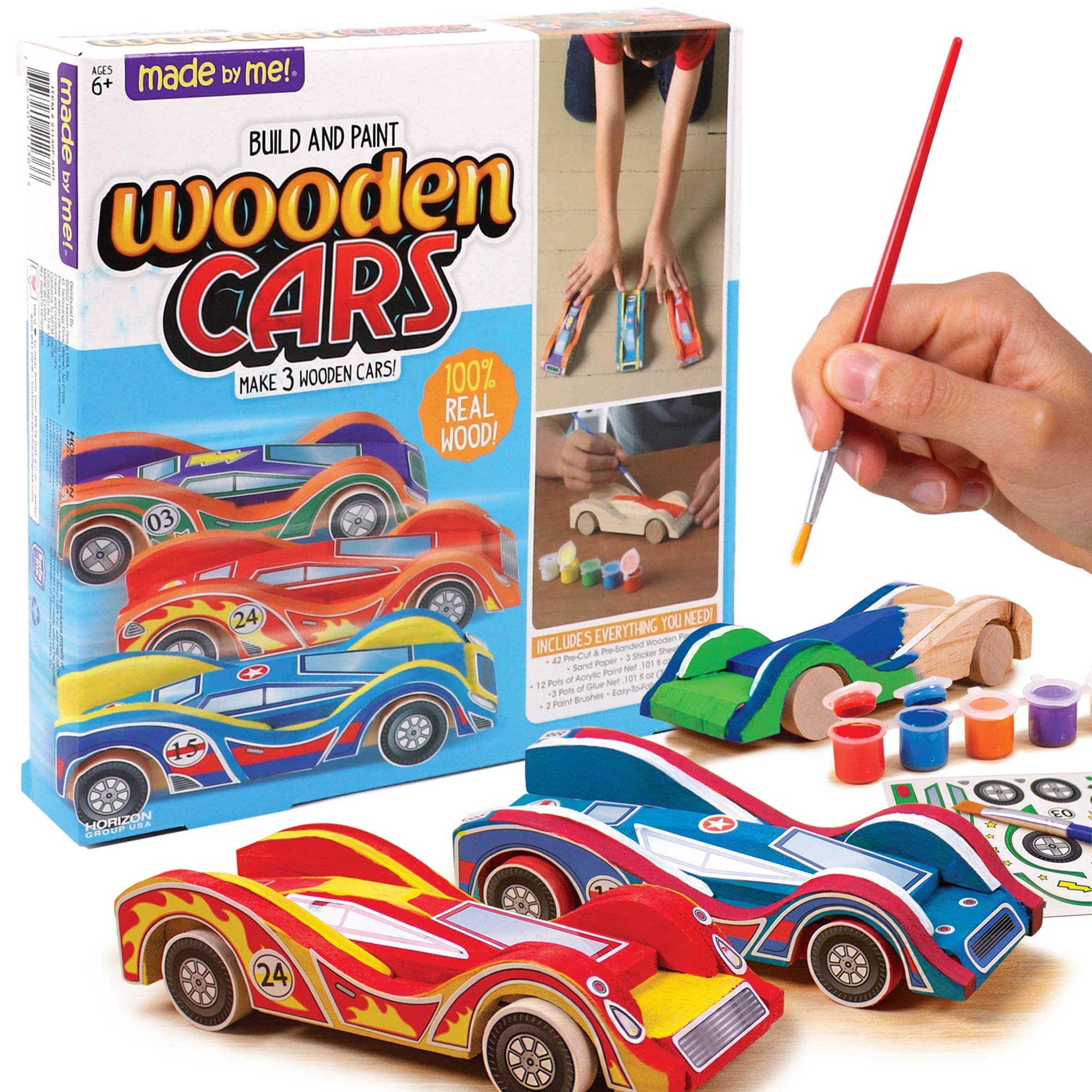 Book Cover Made By Me Build & Paint Your Own Wooden Cars - DIY Wood Craft Kit, Easy To Assemble and 3 Race – Arts Crafts Kit for Kids Ages 6 And Up, Multicolor