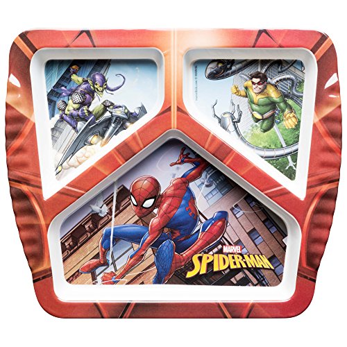 Book Cover Zak Designs Marvel Comics Spider-Man Dinnerware Melamine 3-Section Divided Plate Made of Durable Material and Perfect for Kids, Divided Plate, Spider-Man