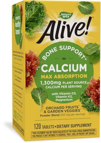Nature's Way Alive! Calcium Bone Support* Supplement, Vitamin D3, K2 & Magnesium, 120 Tablets