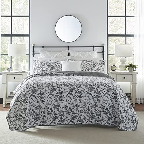 Laura Ashley Home Amberley Collection Quilt Set 100% Cotton, Breathable & Lightweight, Reversible Bedding, Pre-Washed for Added Softness, King, Black/White