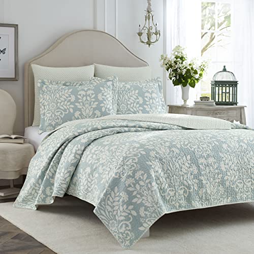 Book Cover Laura Ashley - Rowland Collection - Quilt Set - 100% Cotton, Reversible, All Season Bedding with Matching Sham, Pre-Washed for Added Comfort, Twin, Blue