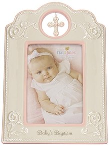 DEMDACO Baby's Baptism 6.75 x 9.75 Inch Porcelain Picture Frame, Pink