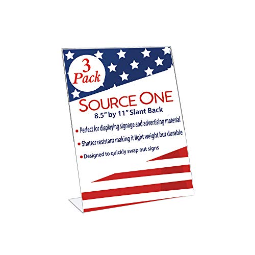 SOURCEONE.ORG 8.5 x 11 Thick Acrylic Slant Back Sign Holder, Ad Frame, Picture Frame, Clear sign holder, Acrylic flyer holder for Business, Office, Events, Trade Shows, Museums, Retail Stores (3 Pack)
