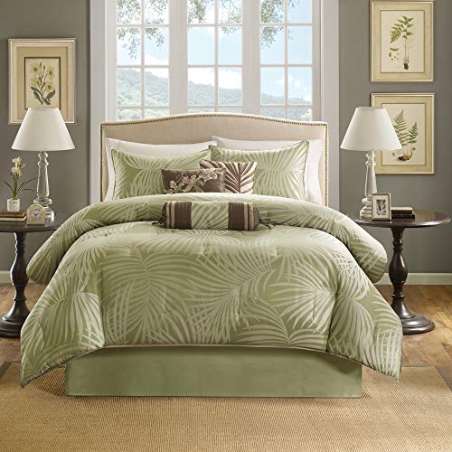 Book Cover Madison Park Freeport King Size Bed Comforter Set Bed in A Bag - Olive Green, Jacquard Palm Leaf – 7 Pieces Bedding Sets – Peach Skin Fabric Bedroom Comforters