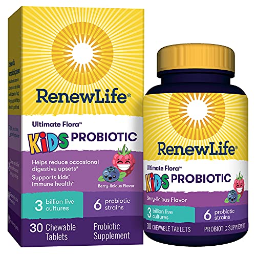 Book Cover Renew Life Probiotics for Kids â€“ Supports Digestive and Immune Health â€“ Gluten, Dairy & Soy Free â€“ Berry flavor, 30 Chewable Tablets (Packaging May Vary)
