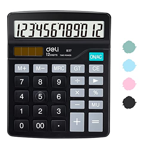 Calculator, Deli Standard Function Desktop Calculators with 12 Digit Large LCD Display and Sensitive Button, Solar Battery Dual Power Office Calculator, Black