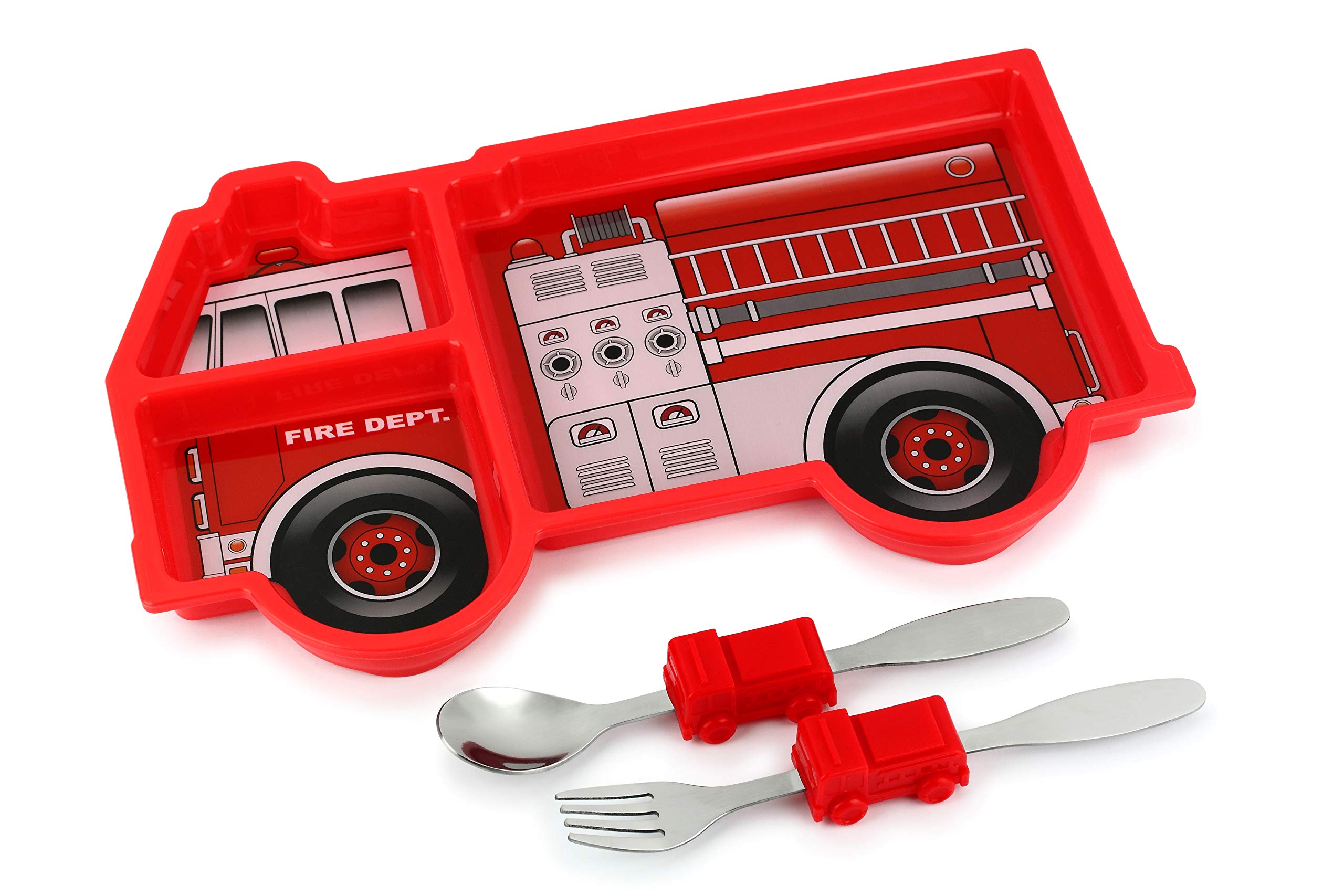 Book Cover Kids Divided Plate with Utensils - Children's Meal Set with Plate, Fork and Spoon - Fire Engine Red