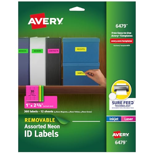 Avery Printable Labels with Sure Feed, 1" x 2-5/8", Assorted Neon Colors (Green, Magenta, and Yellow), Removable Adhesive, Laser & Inkjet Compatible, 360 Blank Labels Total (6479)
