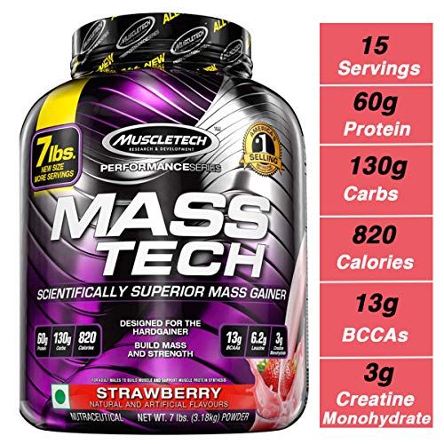 Book Cover MuscleTech Mass Tech Mass Gainer Protein Powder, Build Muscle Size & Strength with High-Density Clean Calories, Strawberry, 7lbs (3.2kg)