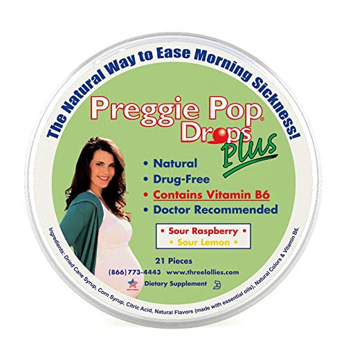 Preggie Pop Drops Plus | 21 Drops | Vitamin B6 for Morning Sickness & Nausea Relief during pregnancy | Safe for pregnant Mom & Baby | Gluten Free | Two Flavors: Lemon & Raspberry