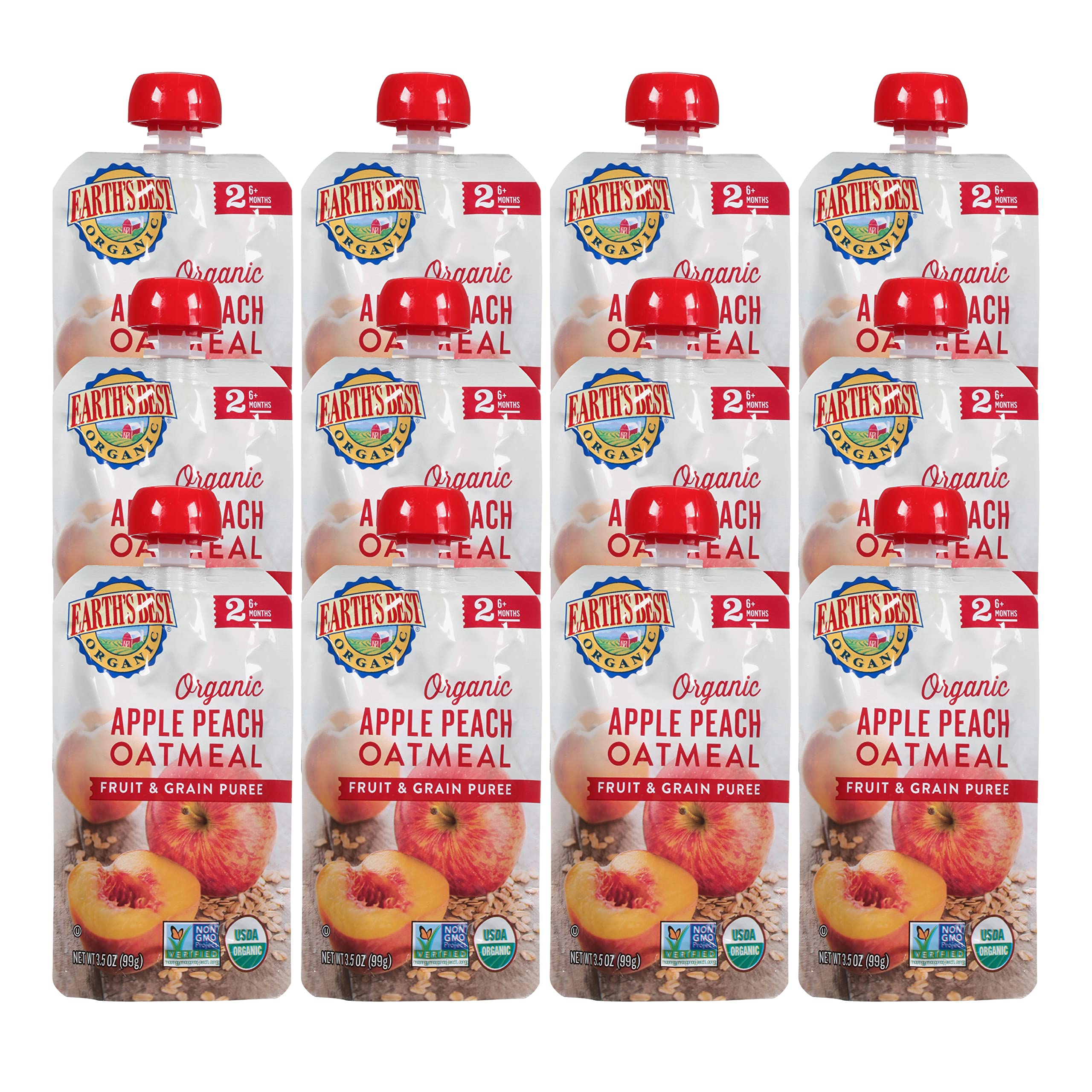 Earth's Best Organic Baby Food Pouches, Stage 2 Fruit and Grain Puree for Babies 6 Months and Older, Organic Apple Peach and Oatmeal Puree, 3.5 oz Resealable Pouch (Pack of 12) Apple Peach Oatmeal