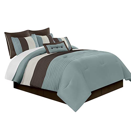 Book Cover Chezmoi Collection 8-Piece Luxury Striped Comforter Set (Blue/Brown/Beige, Queen)