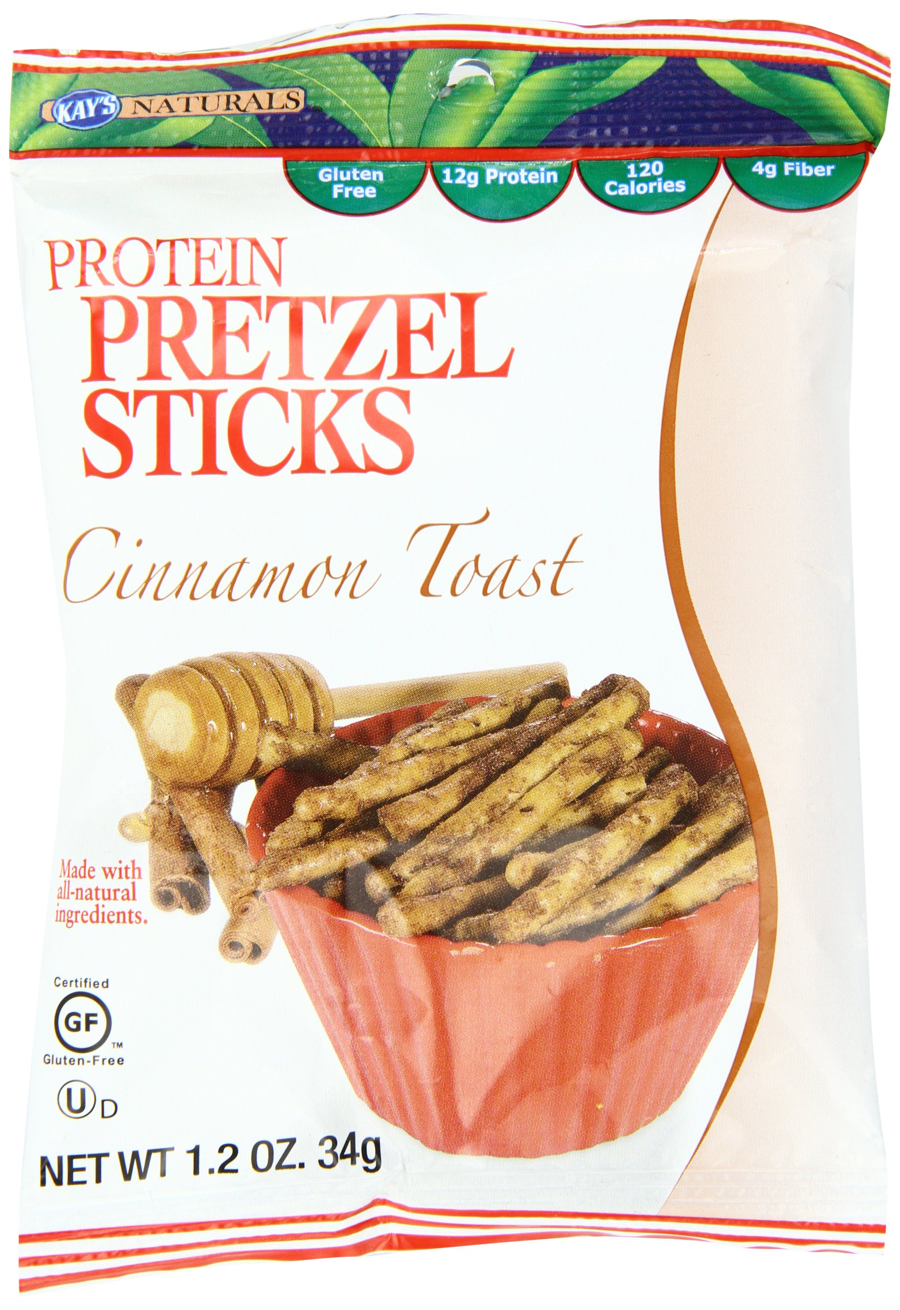 Kay's Naturals Protein Pretzel Sticks, Cinnamon Toast, Gluten-Free, Low Fat, Diabetes Friendly, All Natural Flavorings, 1.2 Ounce (Pack of 6)