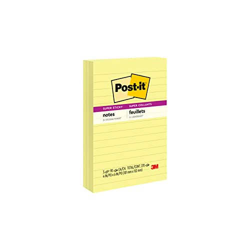 Post-it Super Sticky Notes, 4 in x 6 in, 3 Pads, 2X The Sticking Power, Canary Yellow, Recyclable (660-5SSCY)