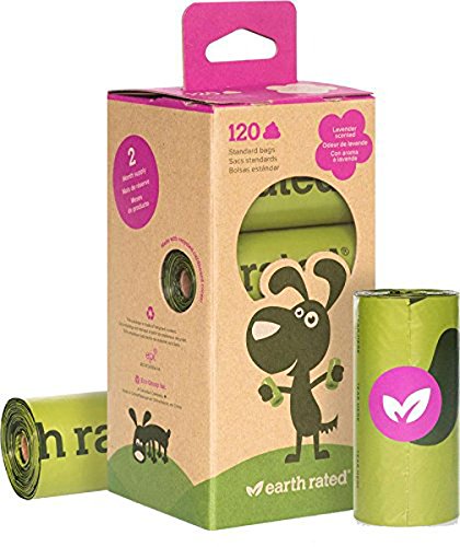 Book Cover Earth Rated Dog Poop Bags, 120 Extra Thick and Strong Poop Bags for Dogs, Guaranteed Leak-proof, Lavender-scented, 8 Rolls, 15 Doggy Bags Per Roll, Each Dog Poop Bag Measures 9 x 13 Inches