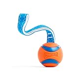 Chuckit! Ultra Tug Dog Toy - Ultra Ball on a Durable Nylon Cord Handle - Fetch and Tug-of-War Toy for Dogs - Size Large - For Breeds 60-100 lbs - 3-inch Diameter - Orange and Blue