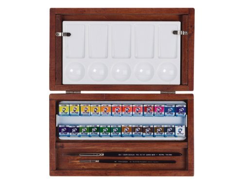 Van Gogh Coffret cadeau pour peintre comprenant 24 demi-godets de peinture aquarelle fine, des pinceaux et une palette de mélange, le tout dans un coffret en bois
