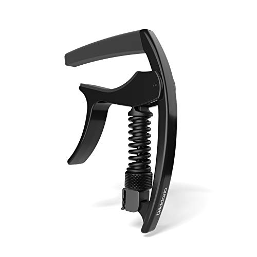 Dâ€™Addario NS Tri-Action Capo, Black â€“ For 6-String Electric and Acoustic Guitars â€“ Micrometer Tension Adjustment for Buzz-Free, In-Tune Performance - Single Hand Use â€“ Integrated Pick Holder