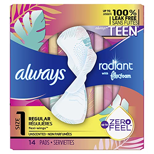 Book Cover Always Radiant FlexFoam Teen Pads Regular Absorbency, 100% Leak Free Protection is possible, with Wings, Unscented, 14 Count