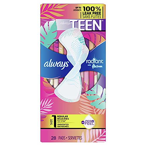 Always Radiant FlexFoam Teen Pads Regular Absorbency, 100% Leak Free Protection is possible, with Wings, Unscented, 28 Count