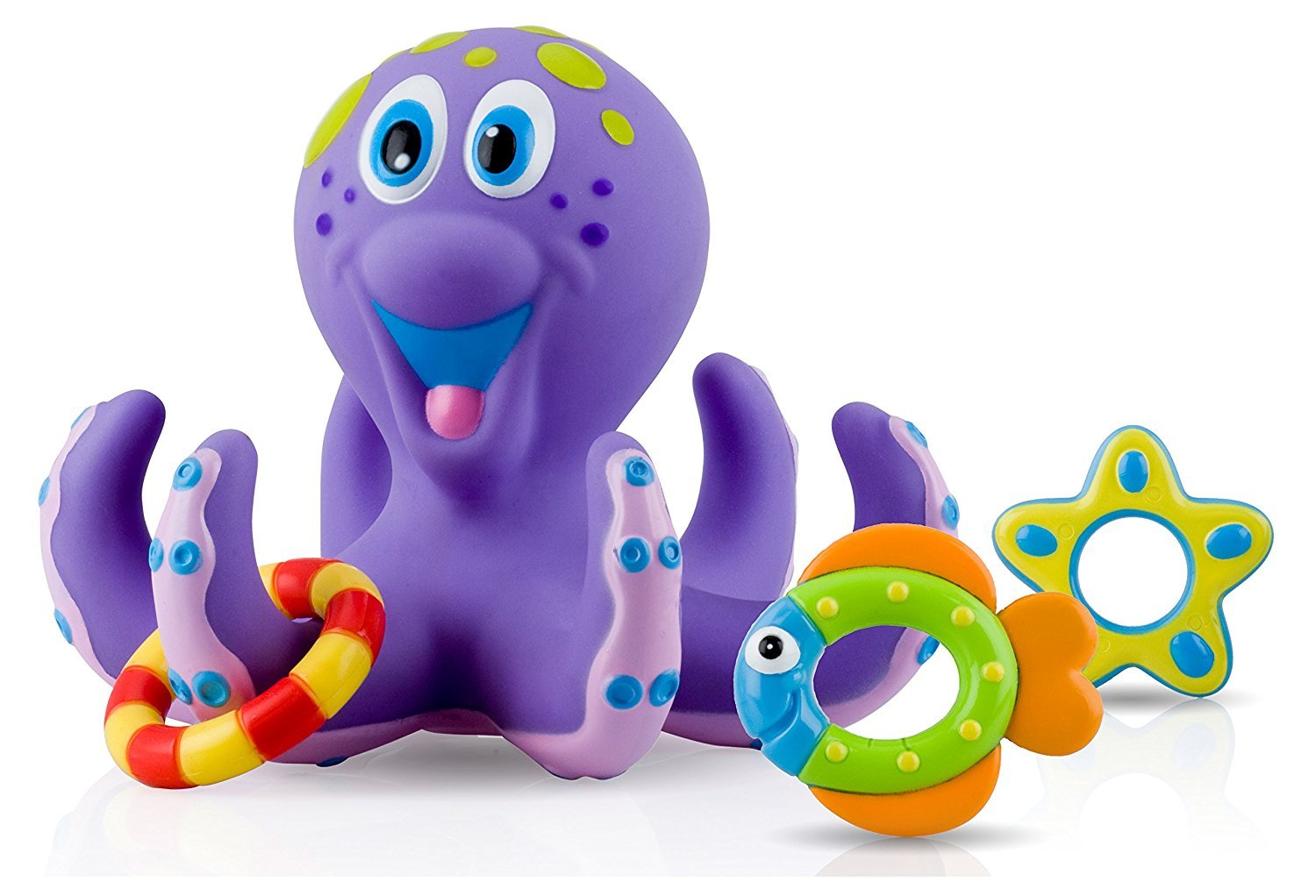 Book Cover Nuby Starfish Ring Toss Bath Toy, Includes 3 Toss Rings (Crabfish, Tropical Fish and Seahorse)