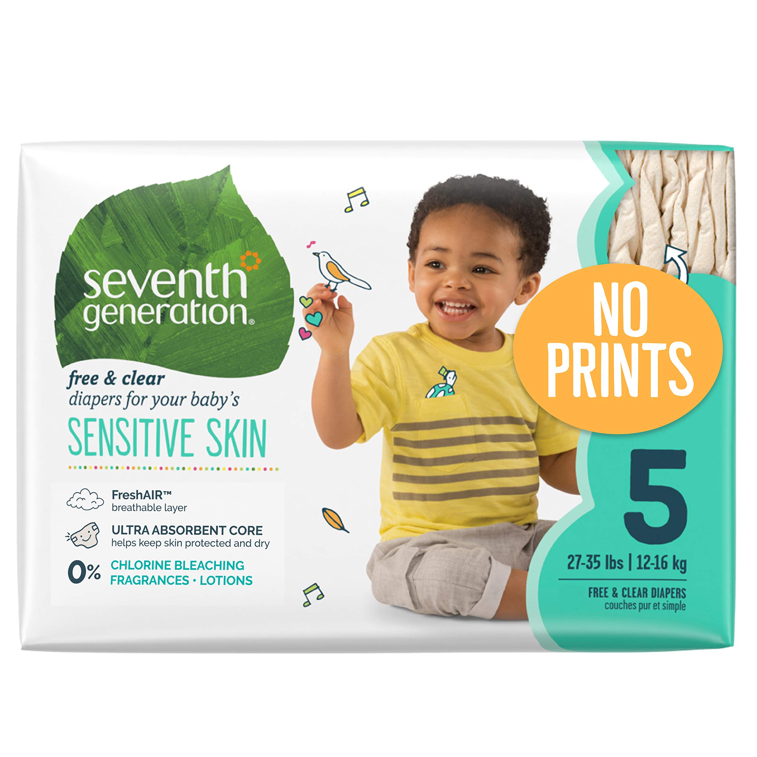 Book Cover Seventh Generation Baby Diapers for Sensitive Skin, Plain Unprinted, Size 5, 115 Count (Packaging May Vary)