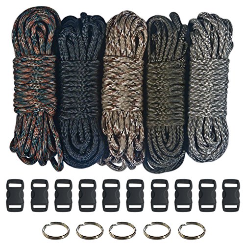 Paracord 550  Kit - Five Colors (Olive Drab, ACU, Woodland Camo, Desert Camo, & Black) 100 Feet Total w/10 3/8" Black Side Release Buckles & (5) 32mm Key Rings