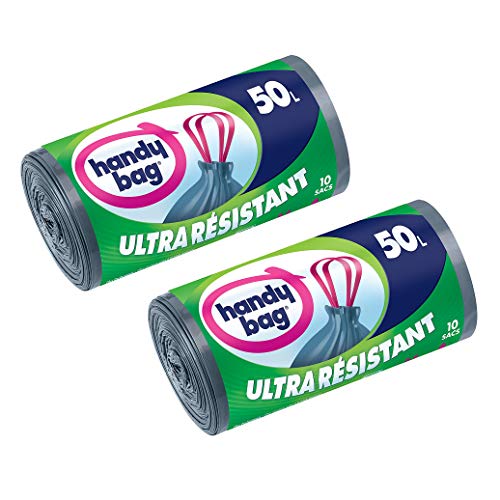 Handy Bag, 10 Trash Bags 50 L, Sliding Grips, Ultra Resistant, Anti-Leaks, 68 x 73 cm, Dark Gray, Opaque - Pack of 2