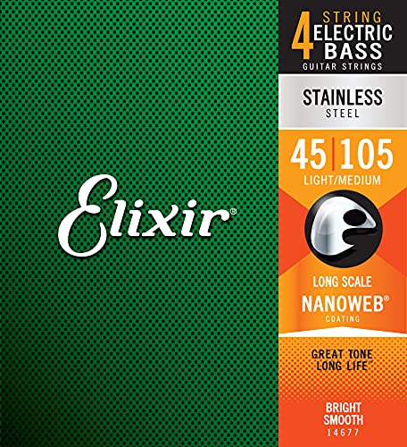 Elixir Strings Stainless Steel 4-String Bass Strings w NANOWEB Coating, Long Scale, Light/Medium (.045-.105)