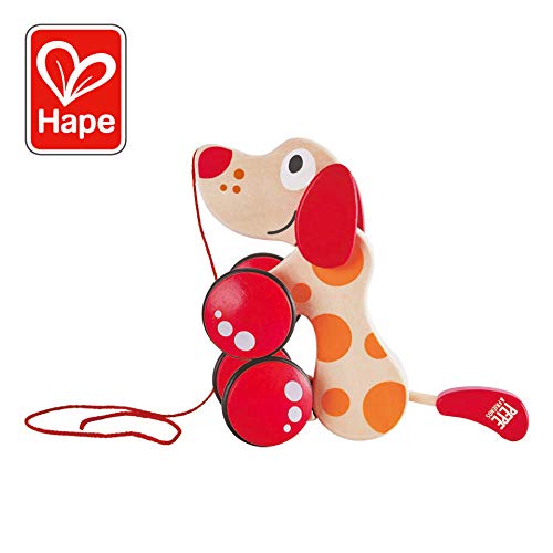 Book Cover Walk-A-Long Puppy Wooden Pull Toy by Hape | Award Winning Push Pull Toy Puppy For Toddlers Can Sit, Stand and Roll. Rubber Rimmed Wheels for Easy Push and Pull Action, Red