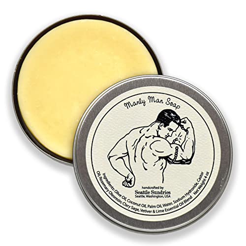 Manly Man Soap-100% Natural Skin Care Bar. Scented with Essential Oils. One 4 oz Bar in a Handy Travel Gift Tin. Great For Men, Workout, Muscle, Exercise Lovers.