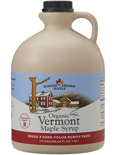 Hidden Springs Organic Vermont Maple Syrup, Grade A Dark Robust (Formerly Grade B), 64 oz, 1 Half gallon, Family Farms, BPA-free Jug