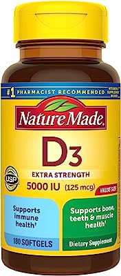 Nature Made Extra Strength Vitamin D3 5000 IU (125 mcg), Dietary Supplement for Immune Support, 180 Softgels, 180 Day Supply